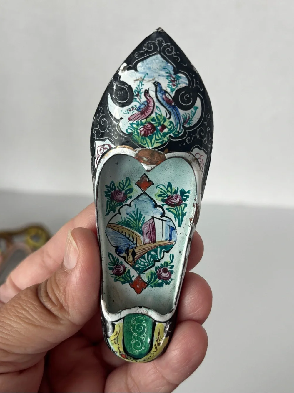 Vintage Hand-Painted Enameled Metal Shoe Shaped Ashtray